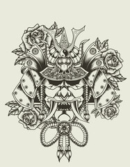 illustration vector samurai head with rose flower