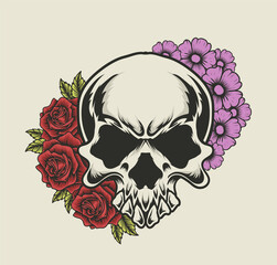 illustration vector skull head with flower ornament