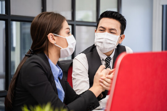 Group Of Asian Business People Wearing Face Mask, Working In Office.