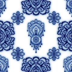Seamless classic blue and white ceramic design. High quality illustration. Decorative design of cobalt blue glaze on porcelain for transfer onto kitchen ware or printing for modern surface design.
