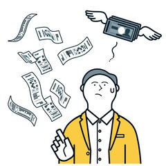 出費が嵩んで浮かぬ表情の男性_レシートと飛んでいくお金