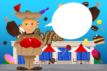 Fat male cartoon chef in uniform holding his fists in front of him ready to fight wearing boxing gloves. Vector illustration.