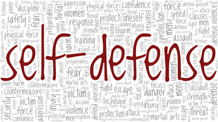 Self-defense vector illustration word cloud isolated on a white background.