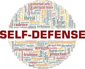 Self-defense vector illustration word cloud isolated on a white background.
