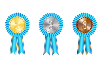 Medal blue ribbon, great design for any purposes.  Winner award. Number one. Win prize. Stock image. Vector illustration. EPS 10.