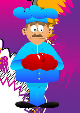 Fat male cartoon chef in uniform holding his fists in front of him ready to fight wearing boxing gloves. Vector illustration.