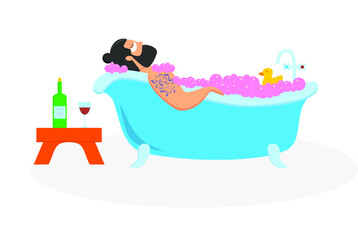 hipster man with tattoo in bathroom with pink foam on white background with wine