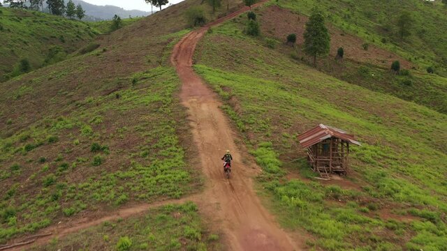 Aerial view of enduro racing competition on a mountain road. Adventure concept.Nan Thailand.