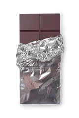 A bar of chocolate packaged in foil isolated on white background.