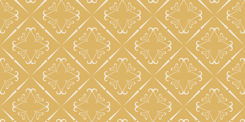 Background pattern with decorative ornament on gold background, wallpaper. Seamless pattern, texture. Vector graphics