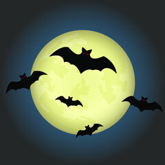 Halloween background illustration, with flying bats above a full moon in black sky at night.