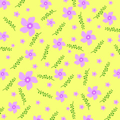 Vector floral pattern in doodle style with flowers and leaves. Gentle, spring floral background.