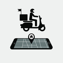 Online Delivery service concept.Fast and free delivery by scooter tracking. Vector cartoon illustration. Food service. Shop online.
