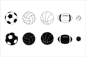 sports Balls (baseball, basketball, volleyball, rugby, soccer ball) outline Illustration Vector