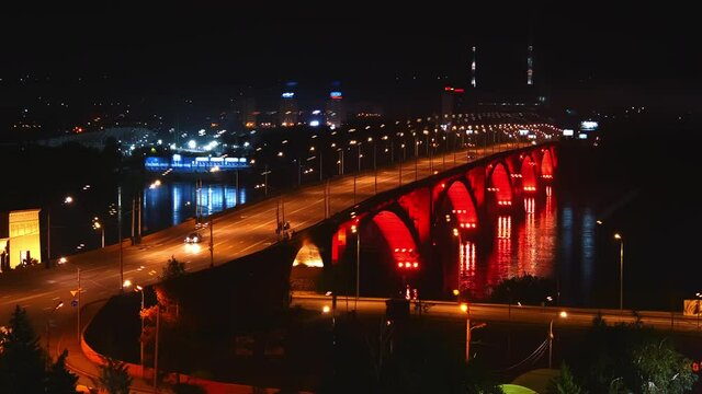 The night view on Communal bridge in Krasnoyarsk Automobile and pedestrian bridge in Krasnoyarsk The Yenisei river Siberia Krasnoyarskiy Kray Krasnoyarsk