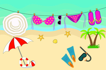 beach umbrella hat flip flops beach ball,bikini, starfish beach holiday vector background.
