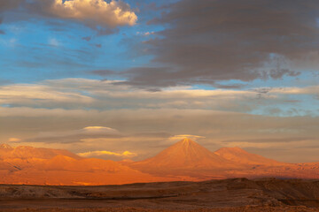 Licancabur volcano at sunset, Atacama desert, Chile. Focus on volcano.