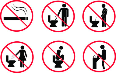 Access use warning in toilet , Do not urinate into the toilet pan,Do not litter,No Sanitary Pad down the Toilet,vector set.