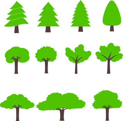 Tree icon set. Green plants with leafs. Forest and garden symbol. Vector illustration.