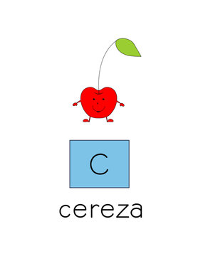aprende español con un divertido dibujo de una fruta roja, palabra que comienza con la letra c. cereza de dibujos animados