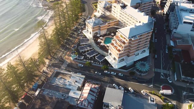 Drone aerial shot of main town suburbs businesses Crowne Plaza The Beery Terrigal Beach Central Coast NSW Australia 3840x2160 4K