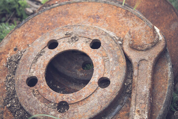 Rusty brake discs for cars. Old car parts.