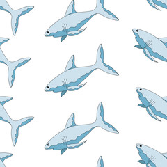 Seamless pattern shark. Hand drawing. Cartoon style. Vector illustration. Blue shark in white background.