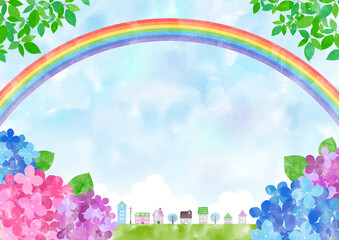 水彩 梅雨の紫陽花 背景フレーム Wall Mural Wallpaper Murals Iwozon