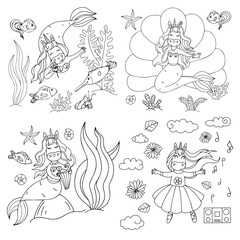 Obraz premium Set of illustrations of cute unicorns in cartoon style