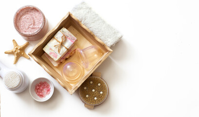 Spa and massage set on white background. Flat lay. Copy space