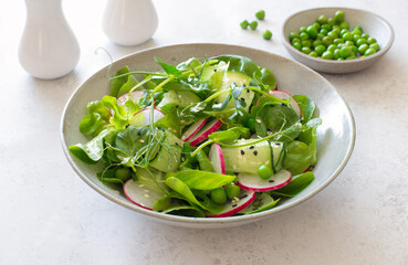 Radish, cucumber, green peas and mixed salad leaves spring salad close up