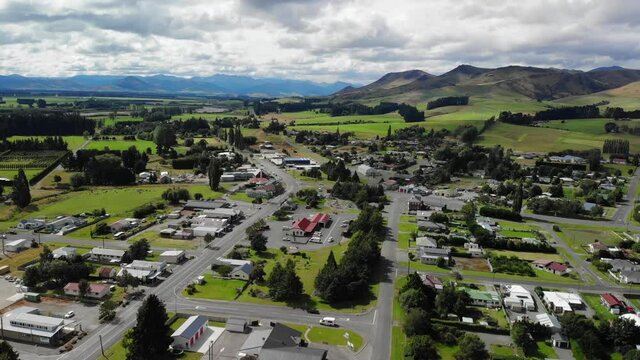 Aerial descent to the old train station, Lumsden small New Zealand village, landscape