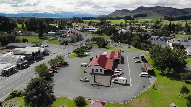 Aerial view of Lumsden, small village and old major railway junction, New Zealand