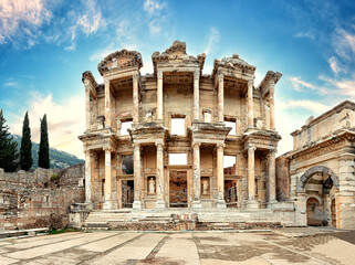 Facade of antique library of Celsus in Ephesus in afternoon