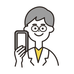 医者　携帯　上半身　イエローカラー
