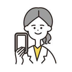 医者　女性　携帯　上半身　イエローカラー