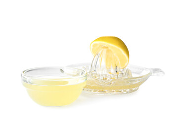 Freshly squeezed lemon juice on white background