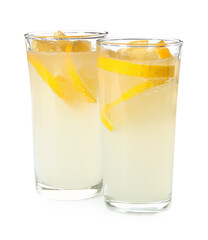 Refreshing lemonade in glasses on white background