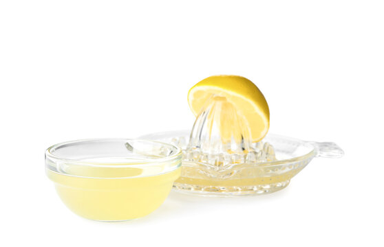 Freshly squeezed lemon juice on white background