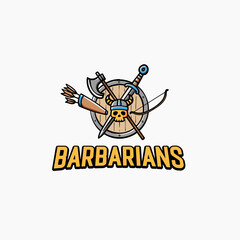 Barbarian skull with viking weapons logo and vector illustration