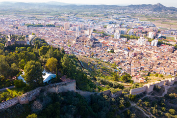 Picturesque aerial view of historic city of Xativa in spring day, Spain..