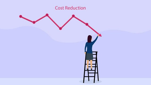 Businesswoman draws declining cost reduction arrow