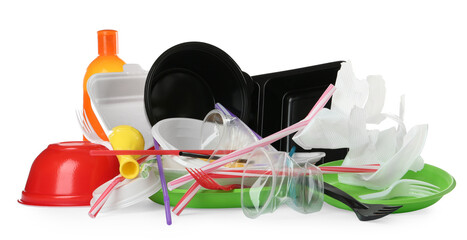 Pile of different plastic items on white background