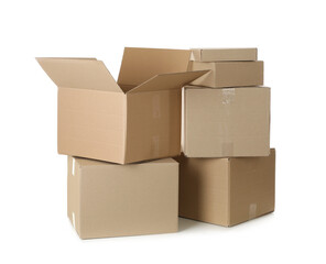 Pile of cardboard boxes on white background