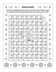 Math maze and coloring page with gingerbread man cookie: Make a path by drawing a line through the boxes that have sum of 100.
