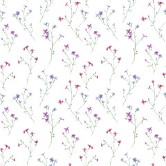 Beautiful seamless floral pattern with gentle watercolor hand drawn purple wild field flowers. Stock illustration.