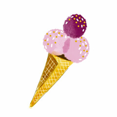 Hand-drawn ice cream. Watercolor dessert in a waffle cup. Three scoops of pink ice cream with sprinkles on a white background.