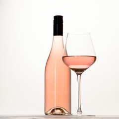 Young woman holding glass of rose wine on white background. Hand with black polish.