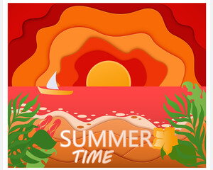 Vector poster on the beach theme. Summer time. Paper cut background.