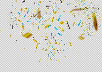 Golden confetti isolated on checkered background. Festive vector illustration.